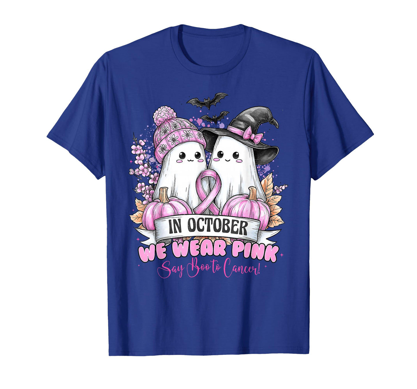 in October We Wear Pink Say Boo to Breast Cancer Ghost Witch T-Shirt