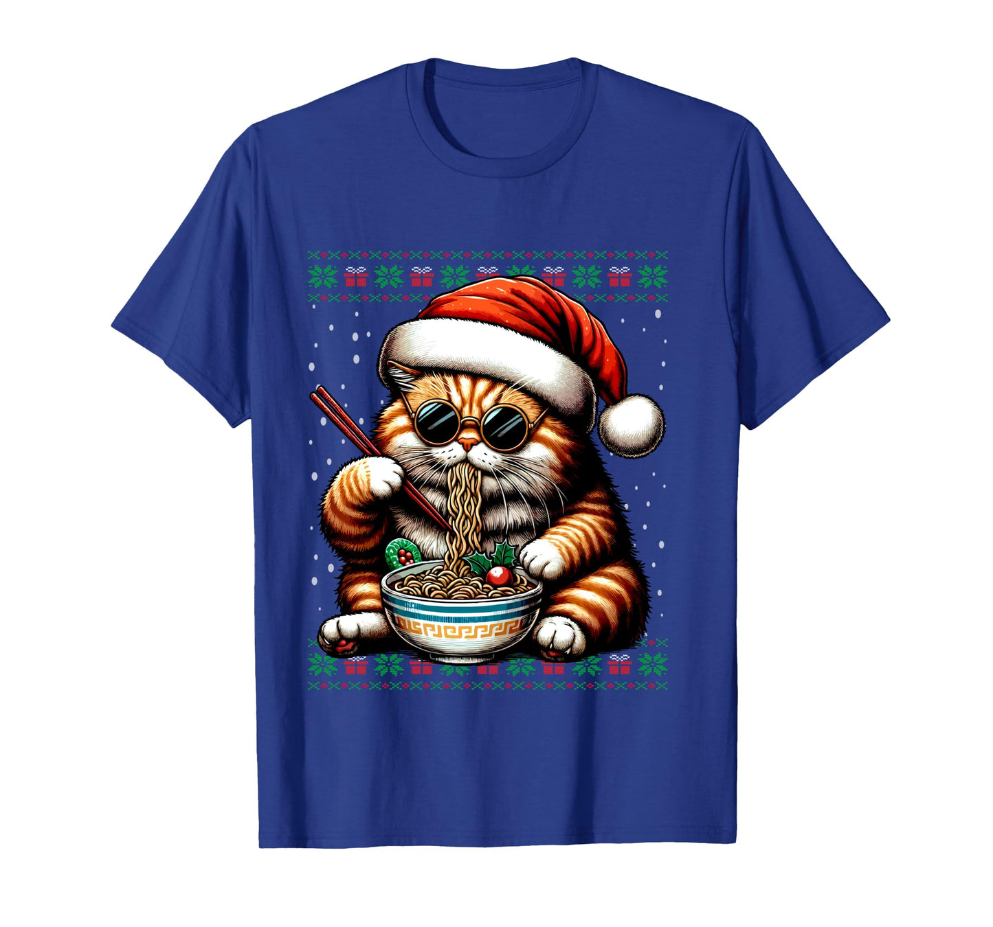 Christmas Cat Eating Ramen Ugly Christmas Sweater Long Sleeve T-Shirt