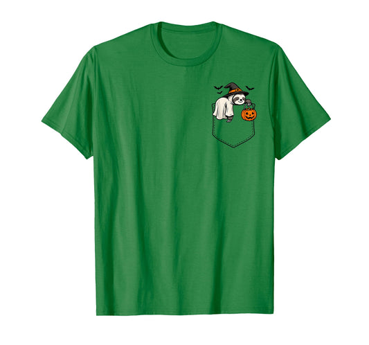 Halloween Ghost Lazy Animal Sleeping in A Pocket Sloth Day T-Shirt