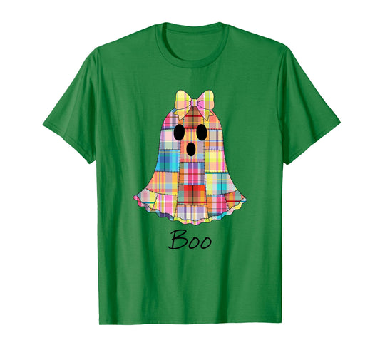 Girls Patchwork Ghost Colorful Halloween Madras Plaid Ghost T-Shirt
