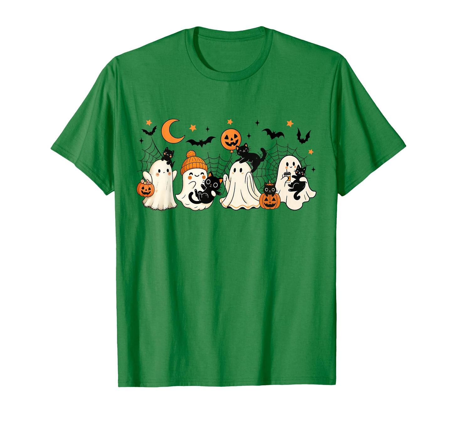 Vintage Halloween Ghost and Black Cat Spooky Season Pumpkin T-Shirt