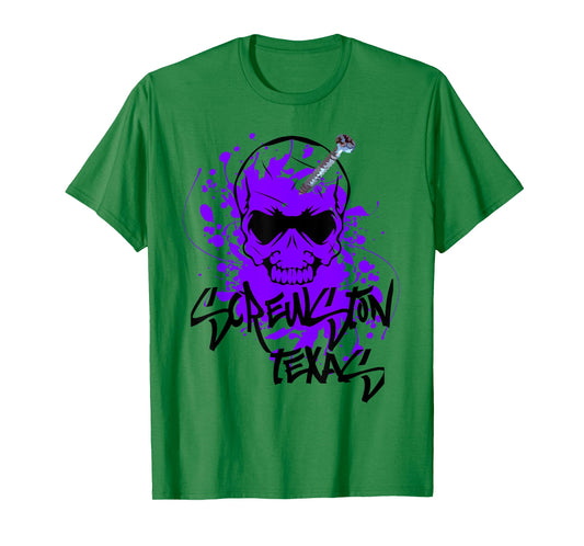 Screwston Texas | Screwhead Skeleton Skull with Purple Paint T-Shirt