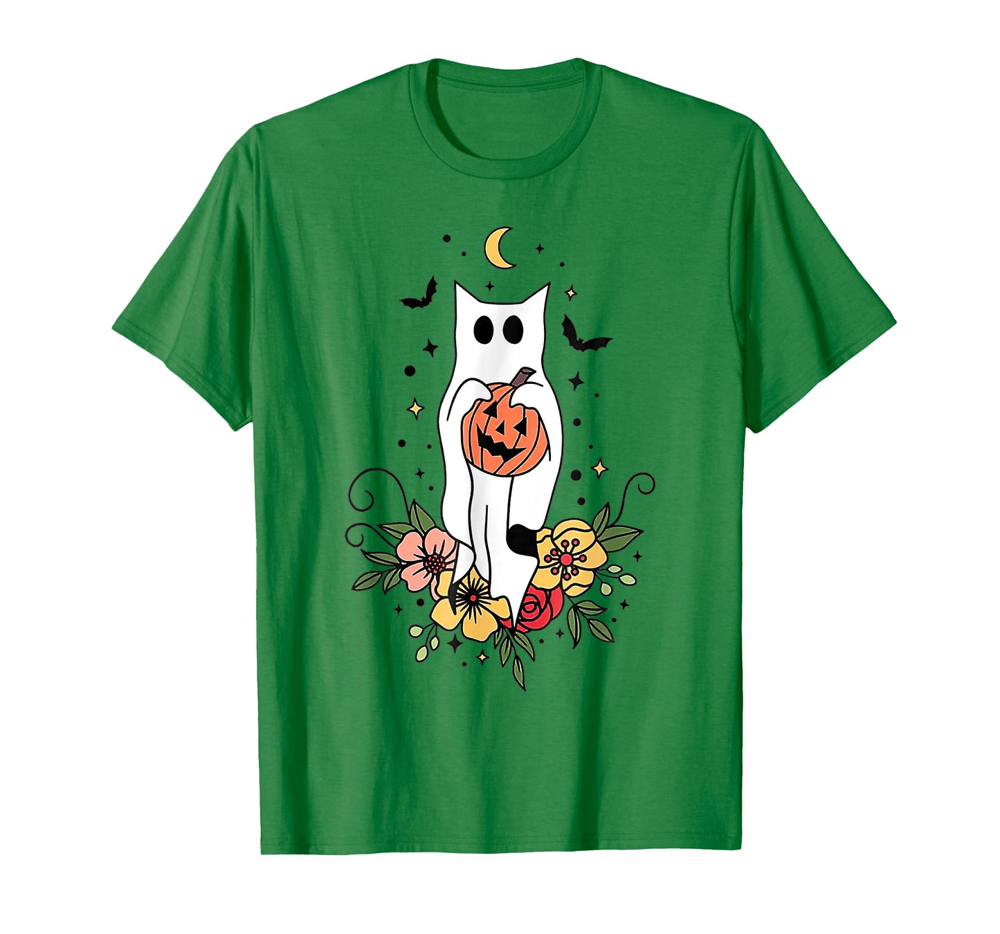 Halloween Ghost Cat Pumpkin Floral T-Shirt