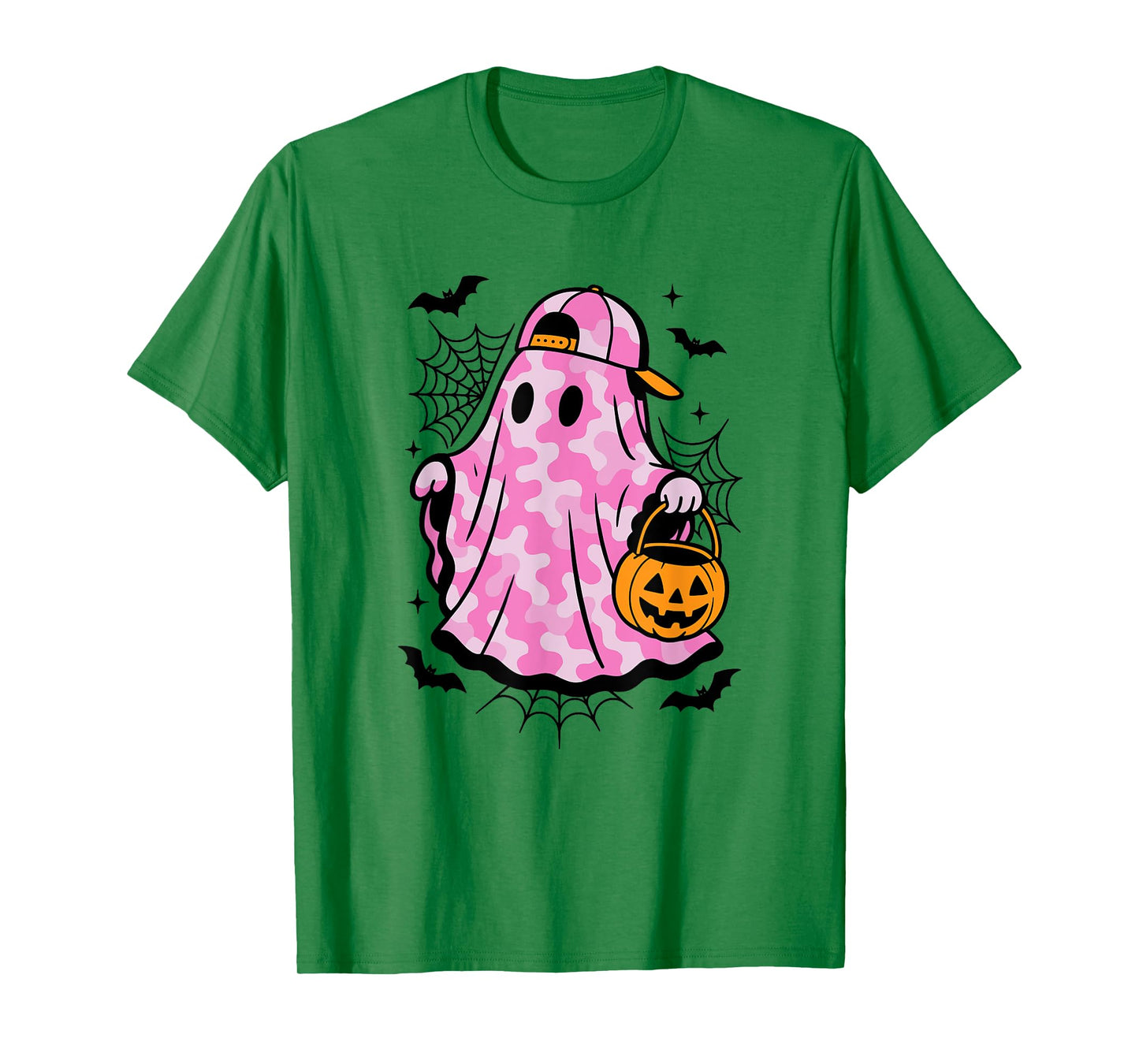 Pink Camo Ghost with Pumpkin Basket Fun Halloween Camouflage T-Shirt