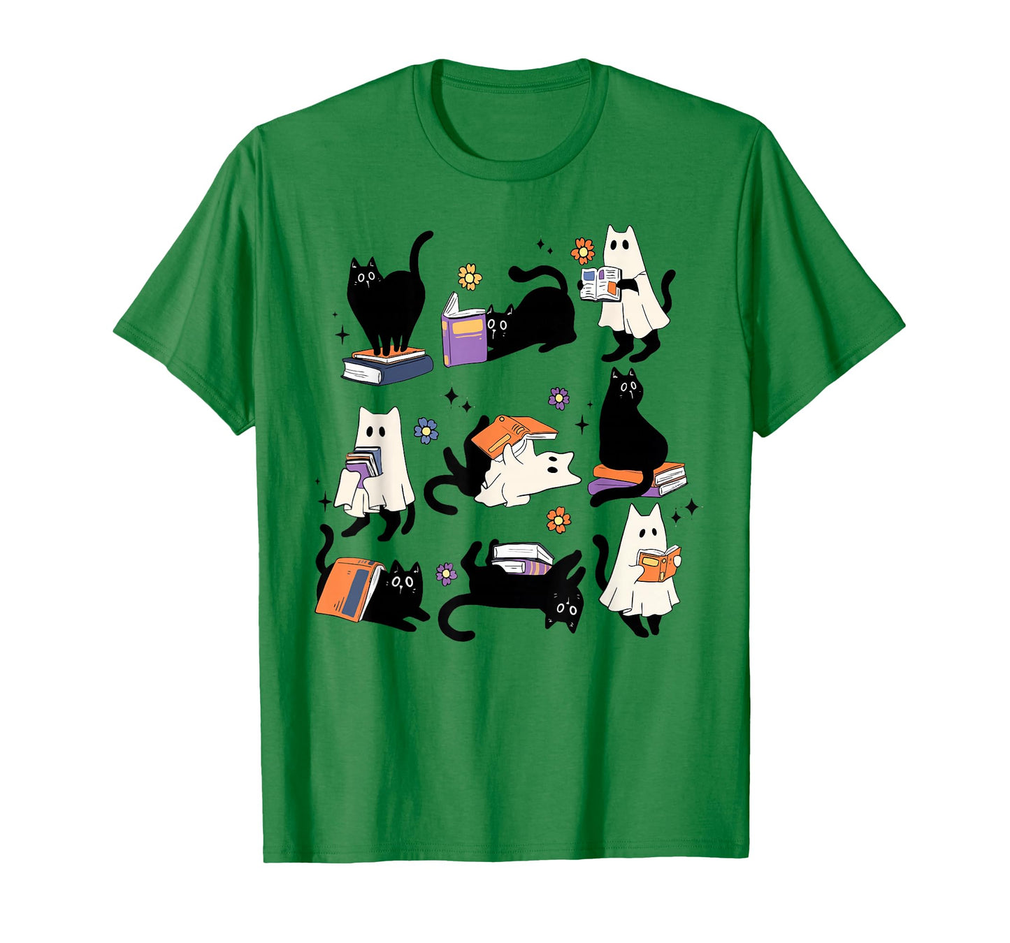 Funny Ghost Black Cat Books Lover Teacher Spooky Halloween T-Shirt