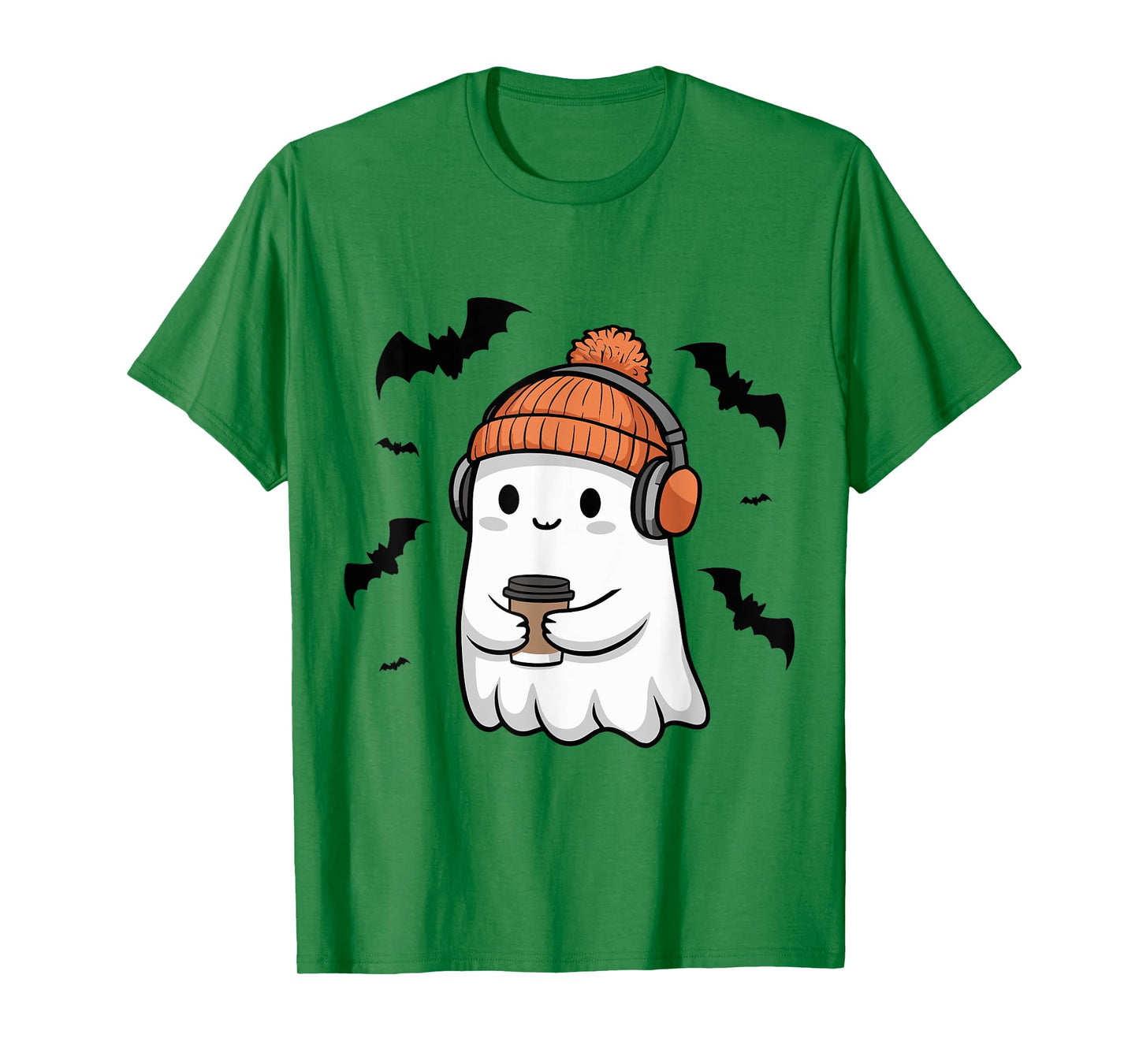 Cute Ghost Headphone Music Coffee Spooky Halloween T-Shirt