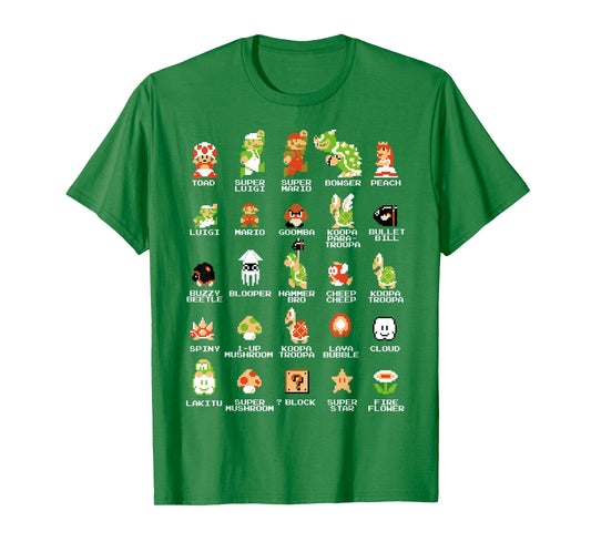 Nintendo Super Mario 8-bit Pixel Icons List Vintage T-Shirt T-Shirt