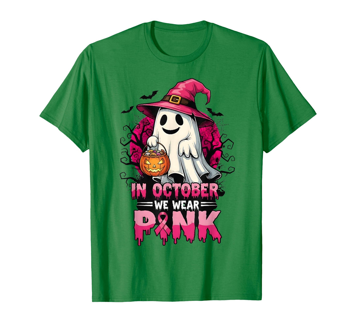 in October We Wear Pink Ghost Witch Breast Cancer Awareness T-Shirt