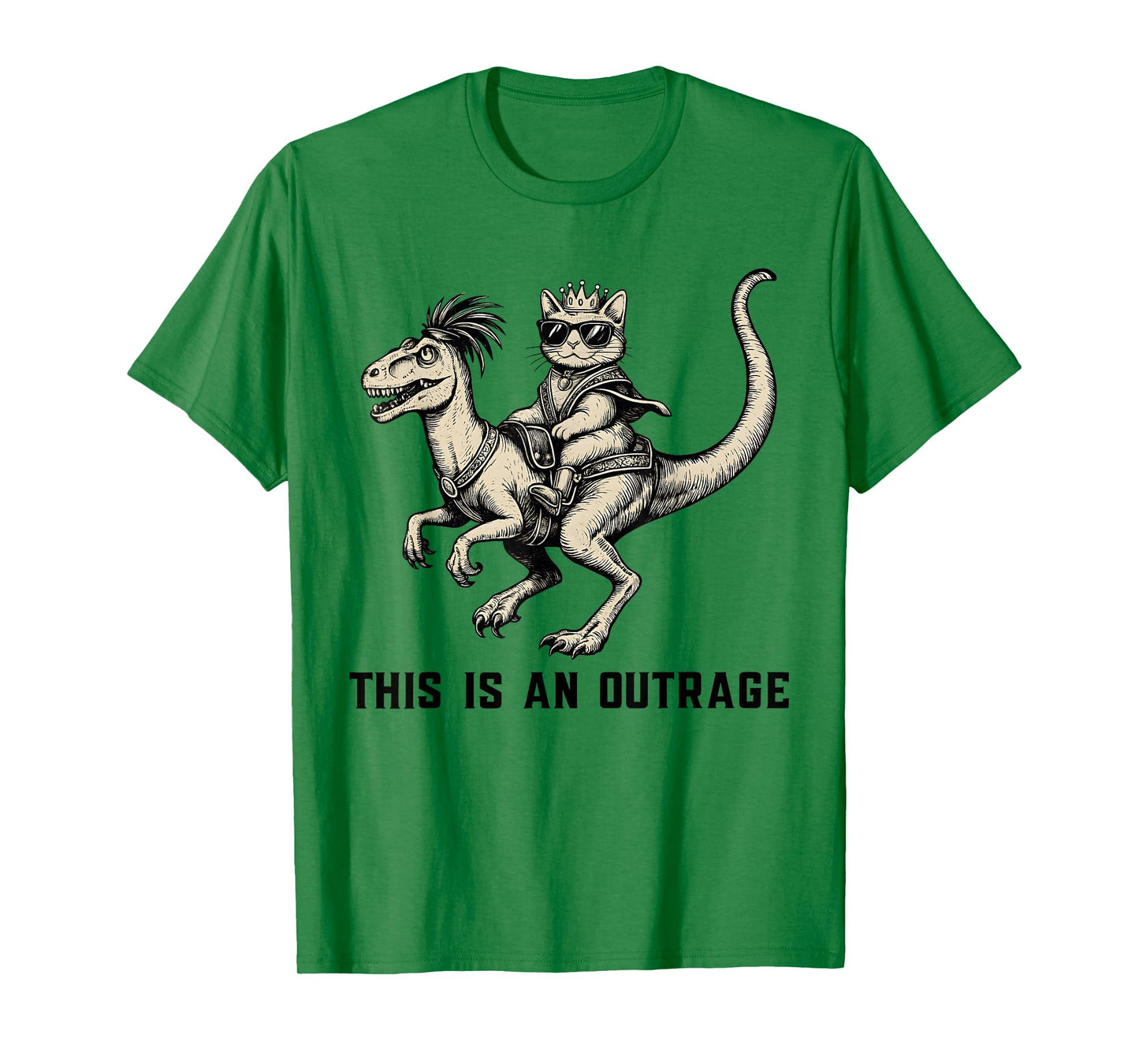 This is an Outrage Funny Cat Riding Dinosaur Meme T-Shirt