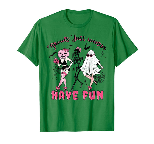 Retro Boo Skeleton Ghouls Just Wanna Have Fun Halloween Crew T-Shirt