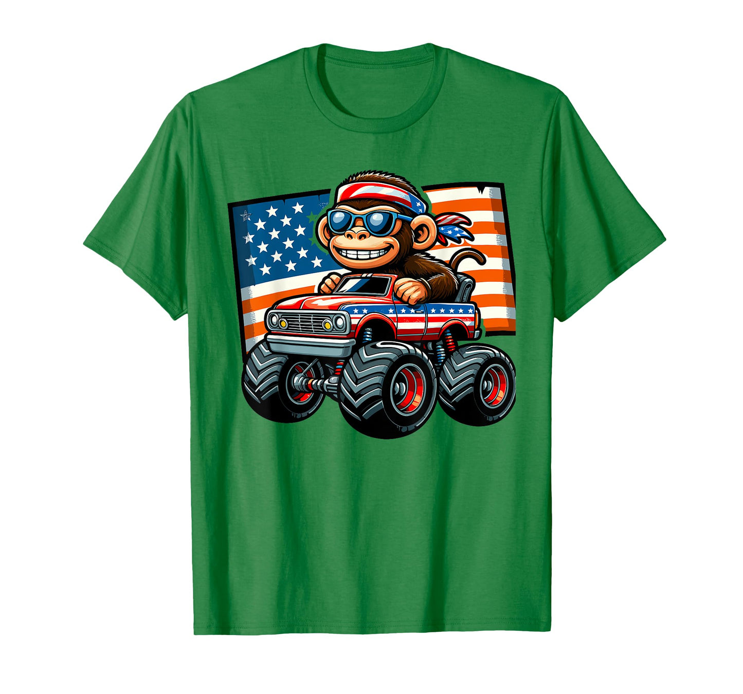 Patriotic Monkey 4th July Monster Truck American Women Kids Men T-Shirt