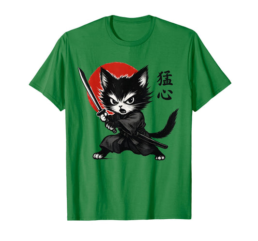 Cute but Fierce Japanese Kitten with Katana Samurai Cat T-Shirt