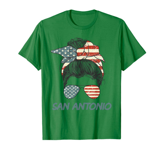 San Antonio Girl Messy bun, Texas Pride Patriotic USA flag T-Shirt