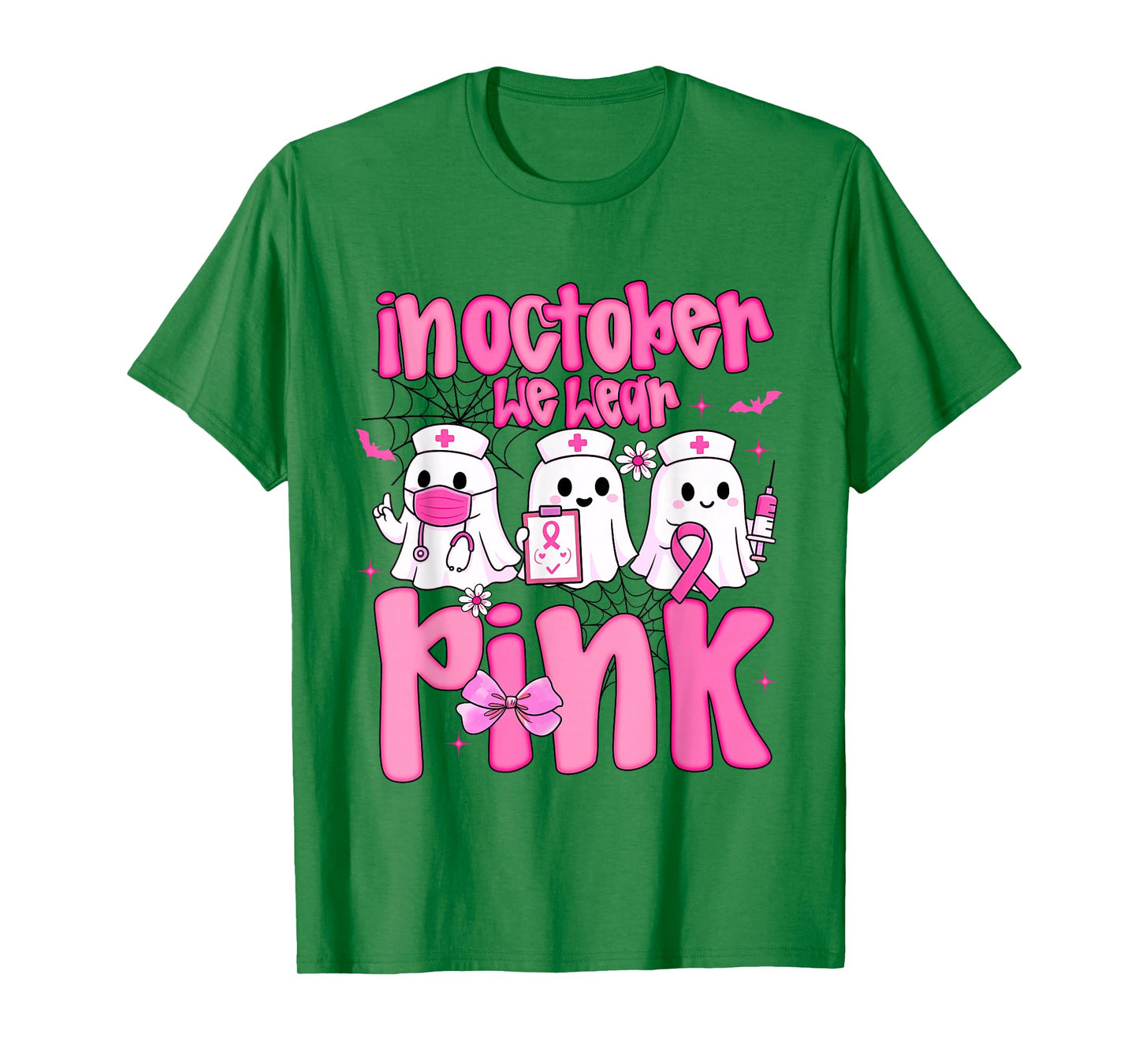 in October We Wear Pink Nurse Ghost Halloween Breast Cancer T-Shirt