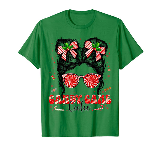 Coquette Messy Bun Candy Cane Cutie Pajamas Christmas Girl T-Shirt