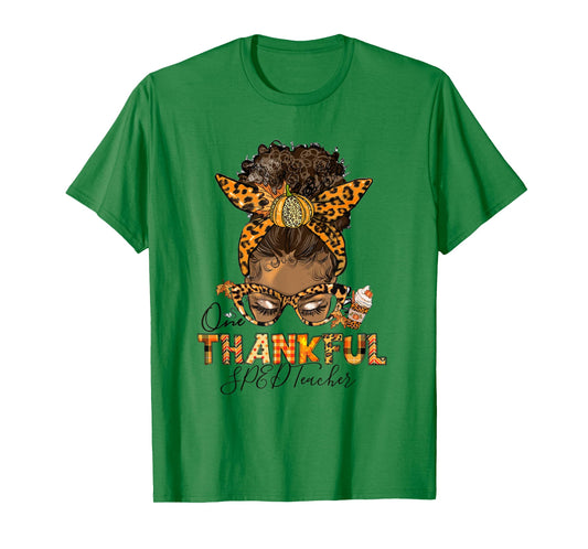 One Thankful SPED Teacher Messy Bun Thanksgiving Afro T-Shirt for Men Women