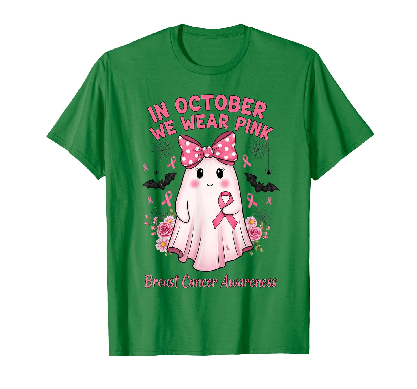 in October We Wear Pink Ghost with Bow Breast Cancer Support T-Shirt