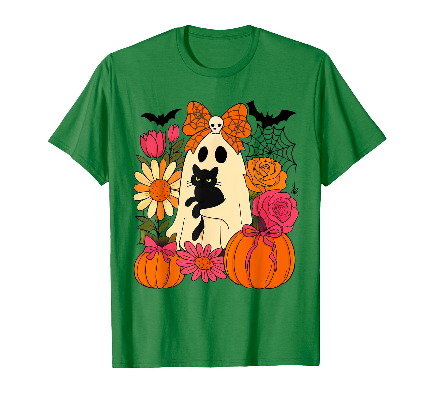 Vintage Halloween Ghost Holding Black Cat Groovy Floral T-Shirt