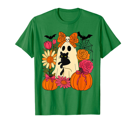 Vintage Halloween Ghost Holding Black Cat Groovy Floral T-Shirt