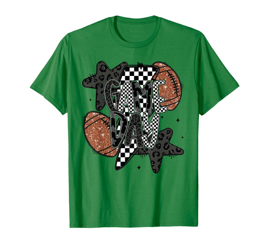 Retro Football Game Day Checkered Leopard Football Mama Mom T-Shirt
