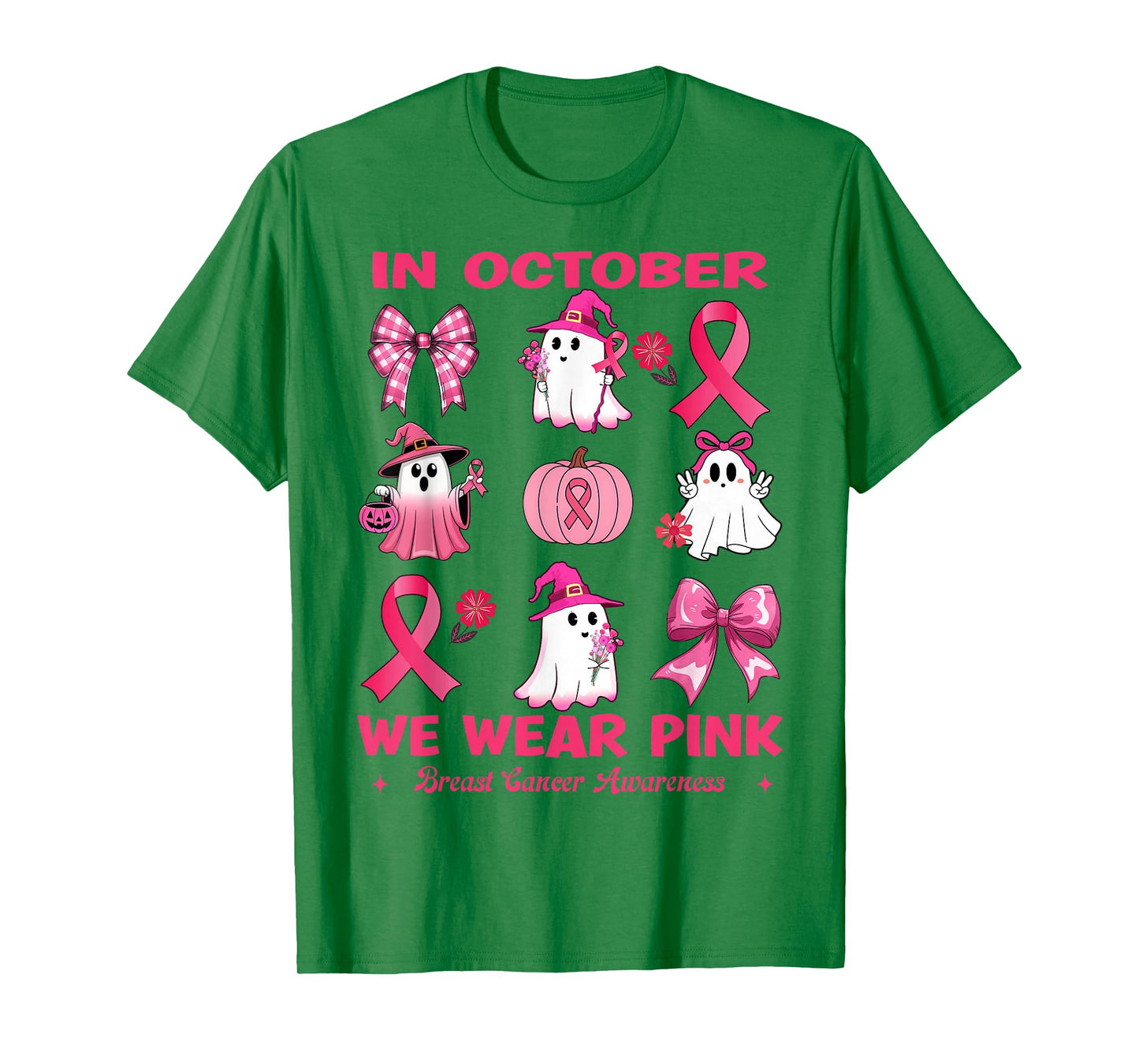 in October We Wear Pink Breast Cancer Cute Ghosts Pumpkin T-Shirt