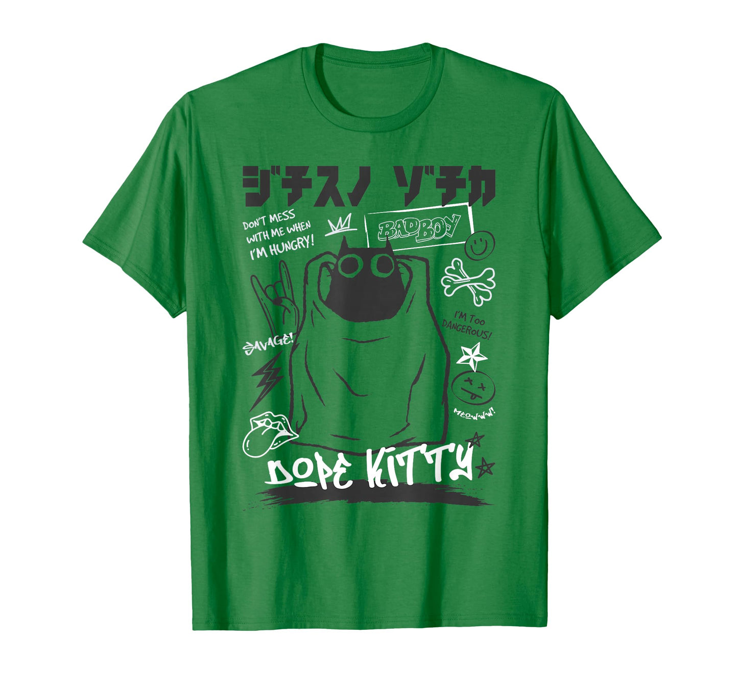 Funny Japanese Cartoon Black Cat Humorous Kitty T-Shirt