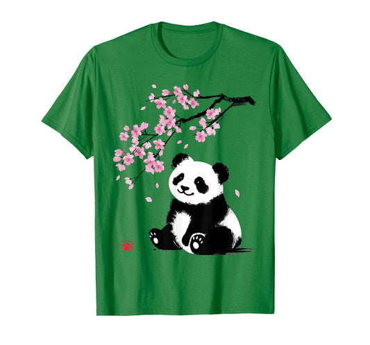 Japanese Panda Sakura Cherry Blossoms Sumi-e Aesthetic T-Shirt