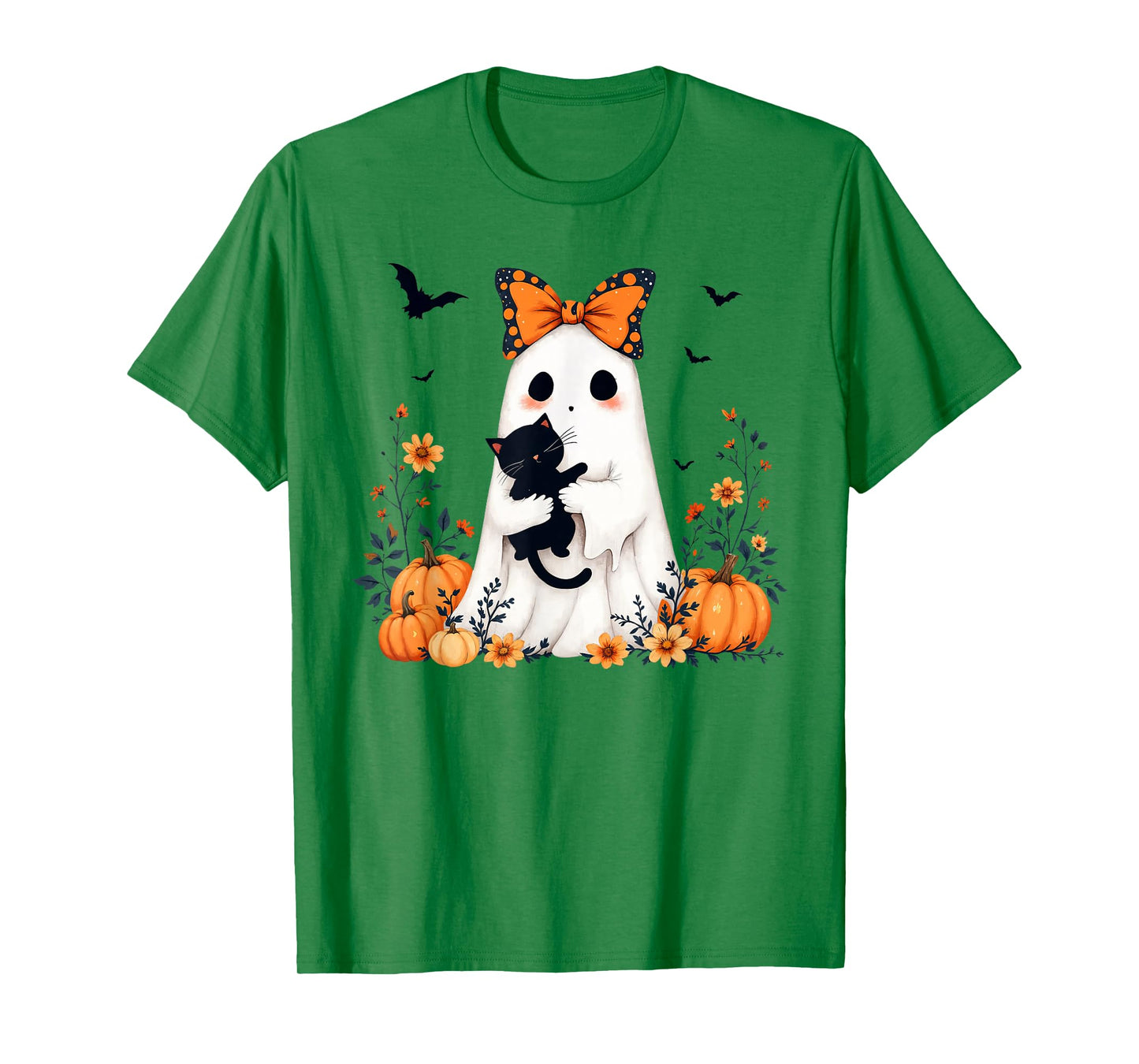 Ghost Holding Black Cat Halloween Pumpkin Floral Cat Lovers T-Shirt