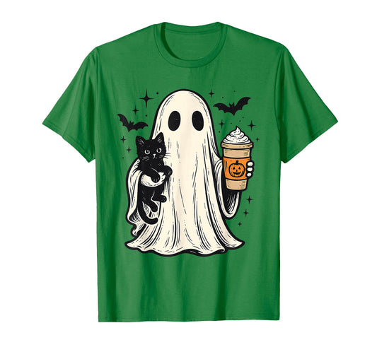 Cute Halloween Ghost Holding Black Cat Fall Coffee for Women T-Shirt