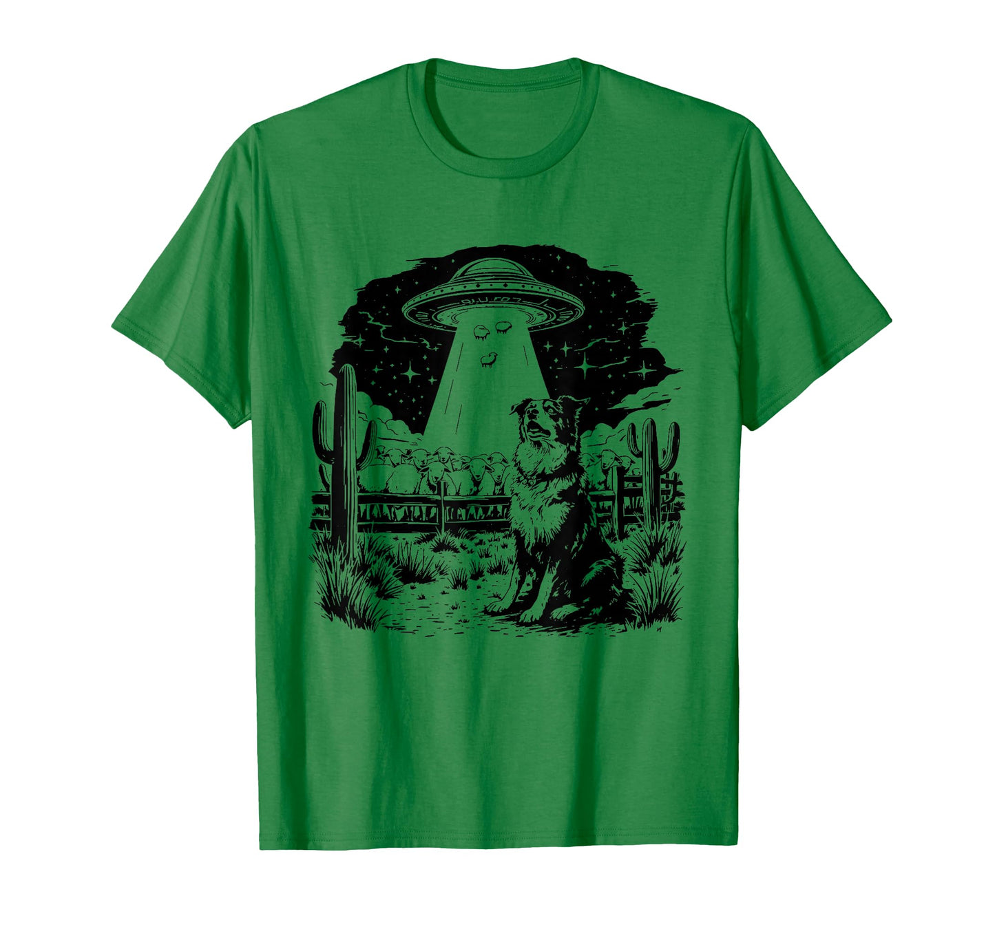 Vintage Border Collie UFO 90s Retro Alien Western Cowboy T-Shirt