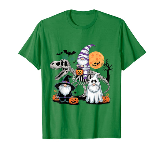 Funny Mummy Gnome Riding Skeleton T-Rex with Ghost Gnomes T-Shirt