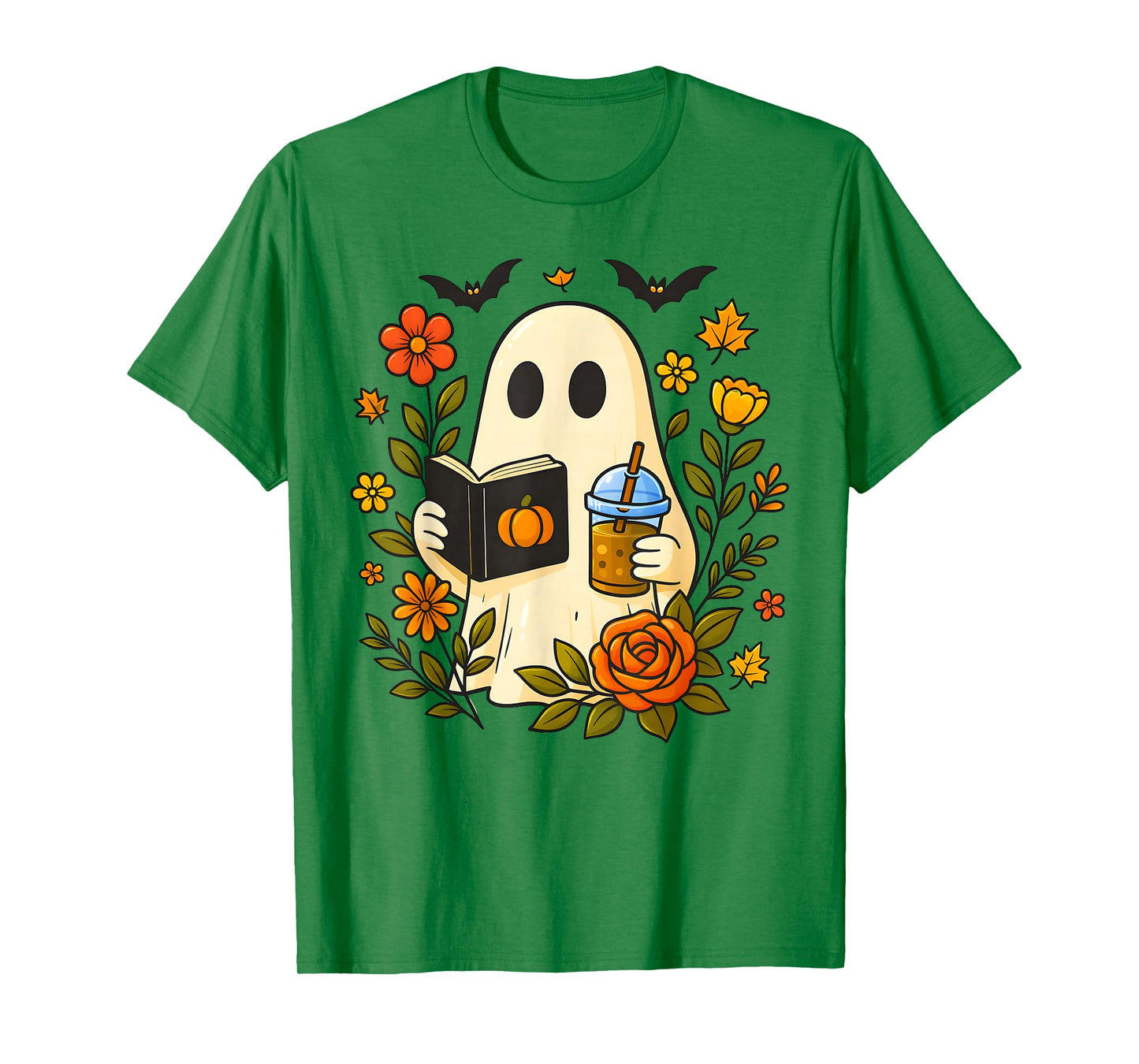 Cute Ghost Reading Book with Coffee Halloween & Autumn Lover T-Shirt
