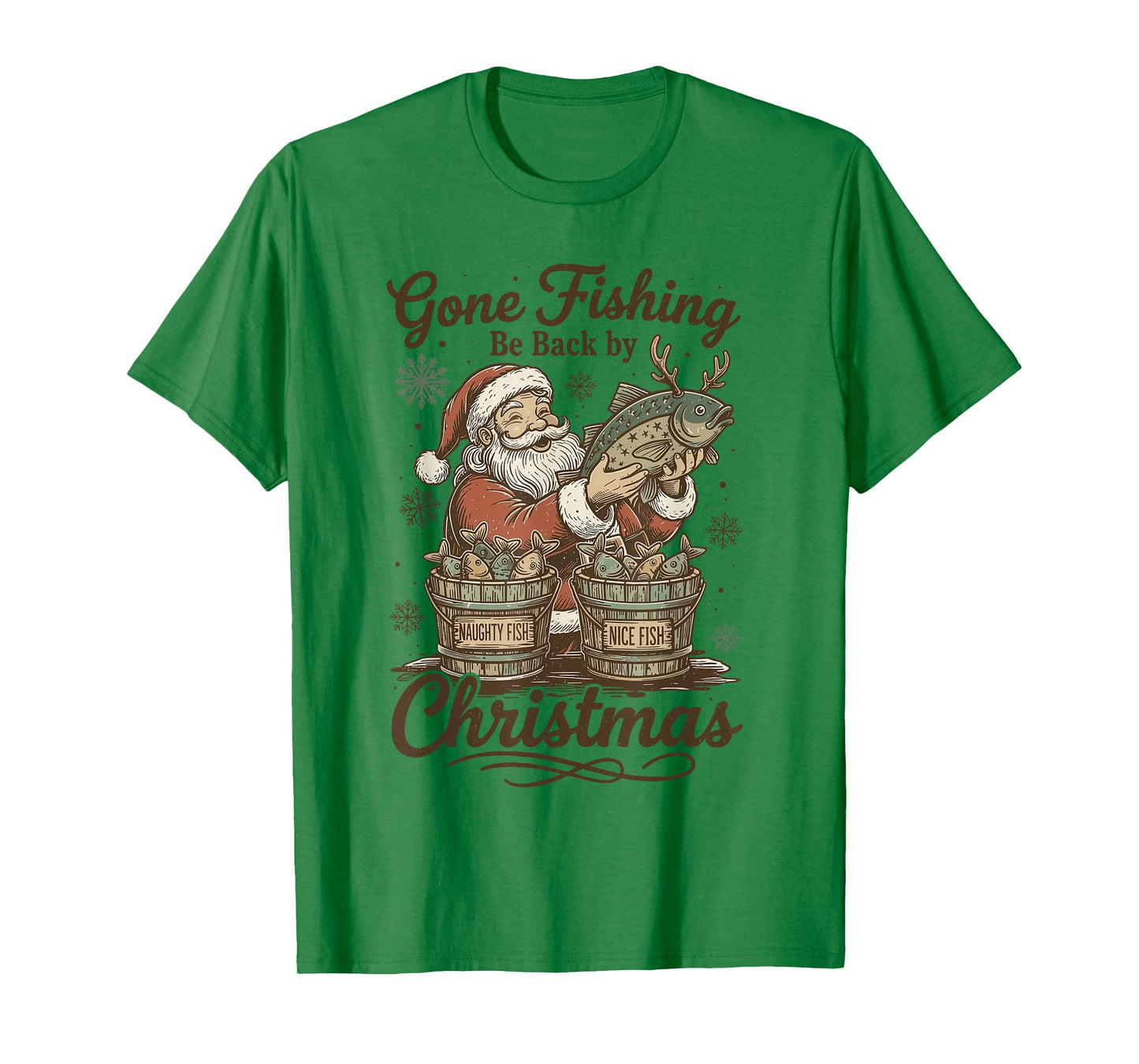Gone Fishing Be Back by Christmas Santa Fishermen Retro T-Shirt