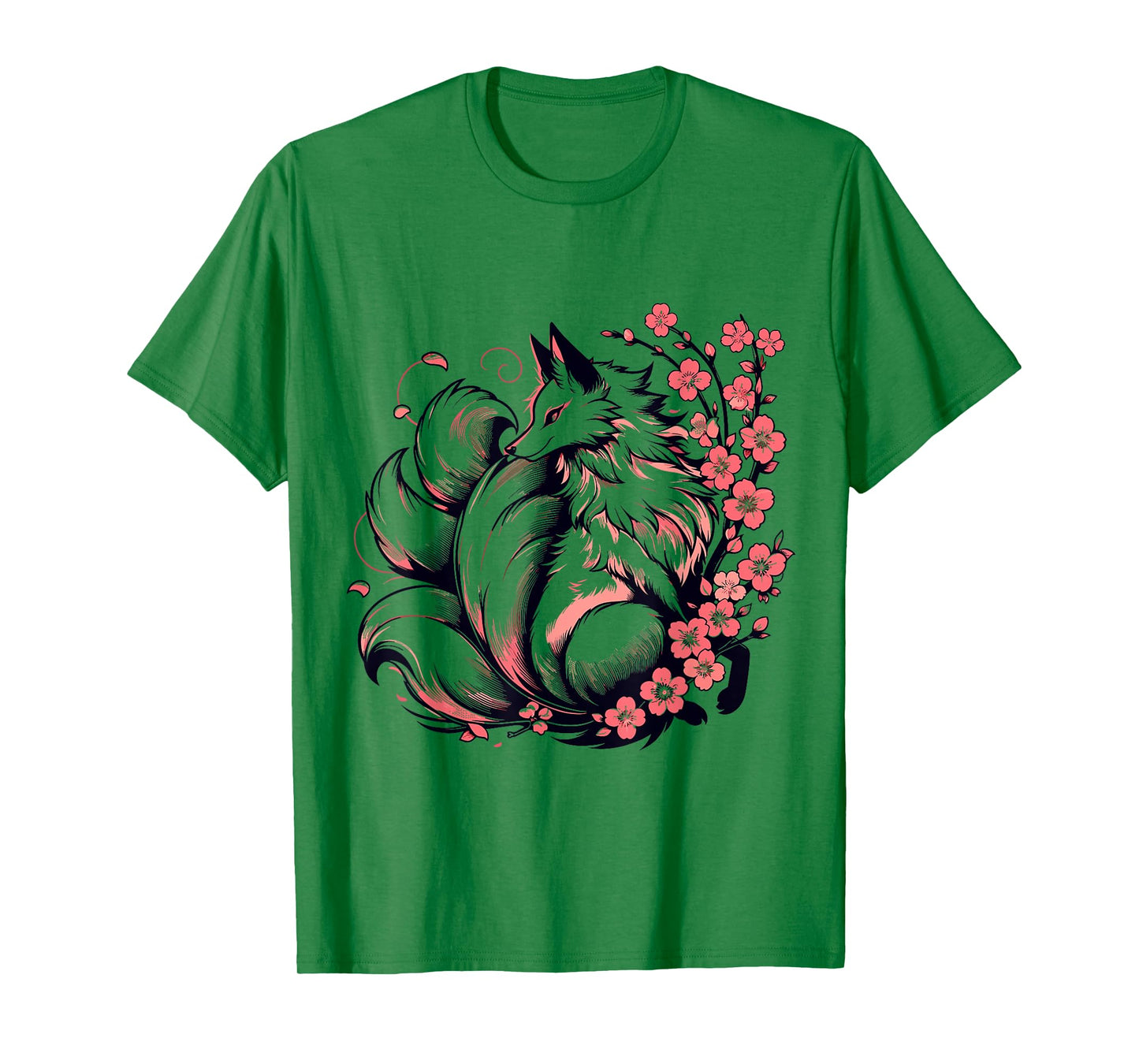Retro Japanese Kitsune Nine Tailed Fox Cherry Blossom Anime T-Shirt