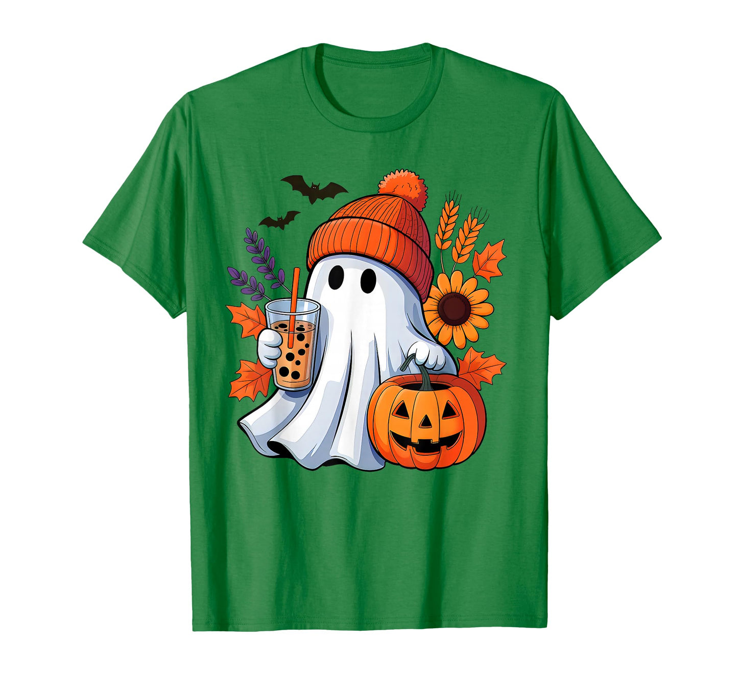 Cute Ghost Drinking Coffee Autumn Pumpkin Halloween Costume T-Shirt
