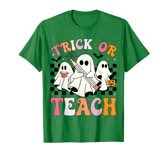 Trick or Teach Groovy Halloween Teacher Ghosts Retro Teacher T-Shirt