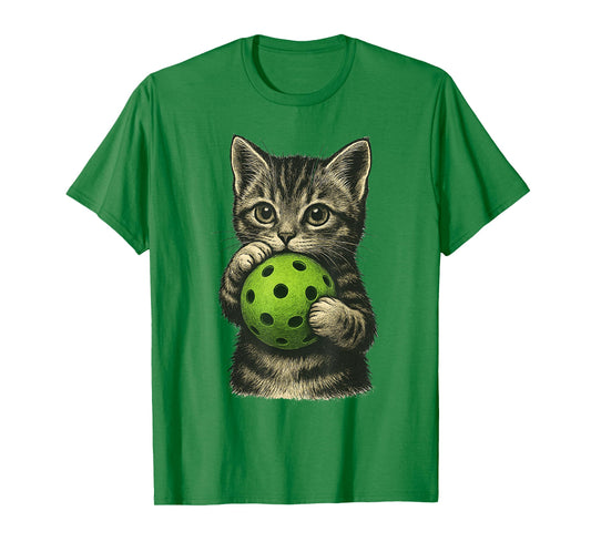 Cute Cat Playing PickleBall Kitten Lovers Pickleball Paddle T-Shirt for Men Women Kids