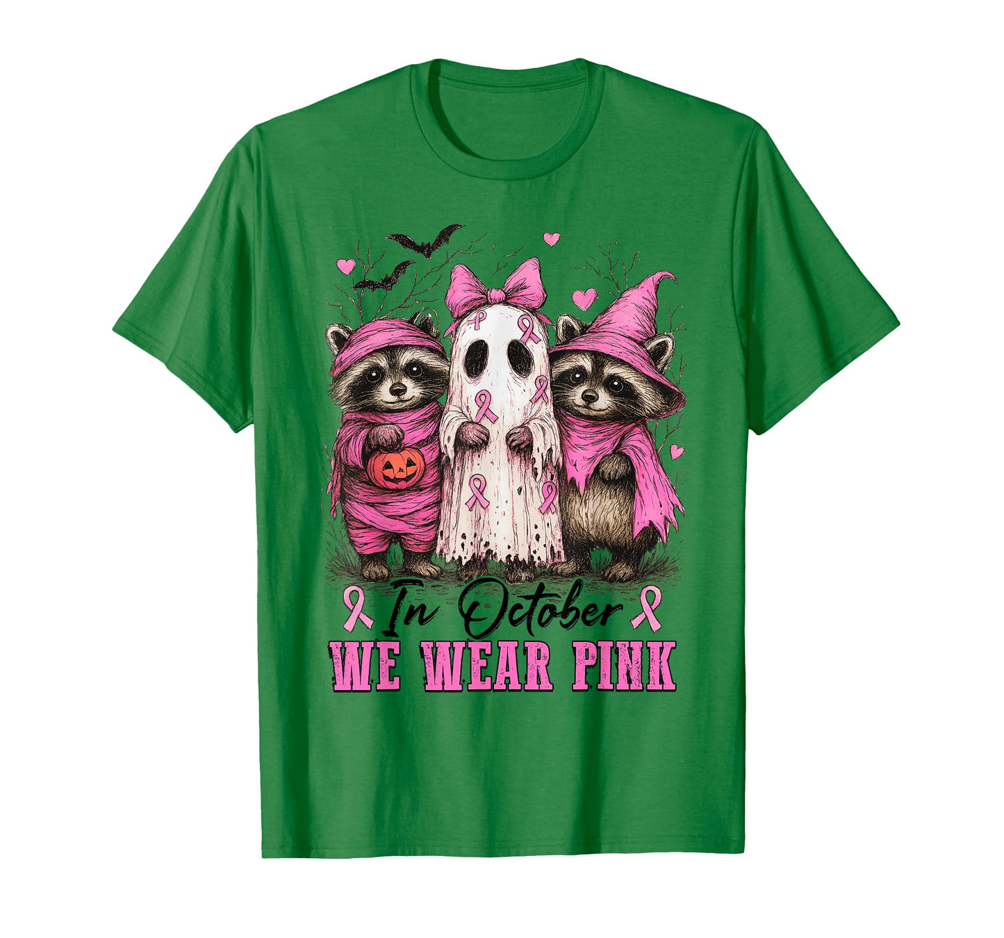 in October We Wear Pink Cute Raccoon Ghost Breast Cancer T-Shirt
