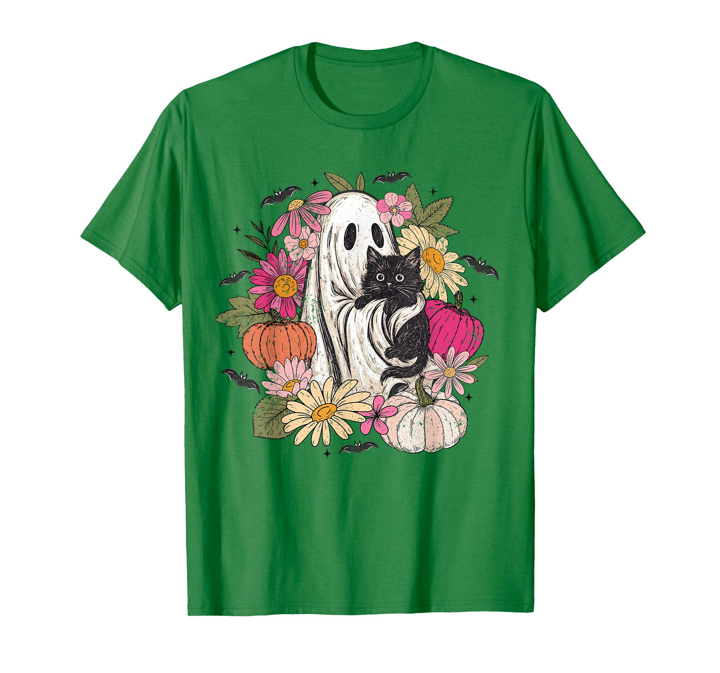 Vintage Halloween Ghost Holding Black Cat Groovy Floral T-Shirt