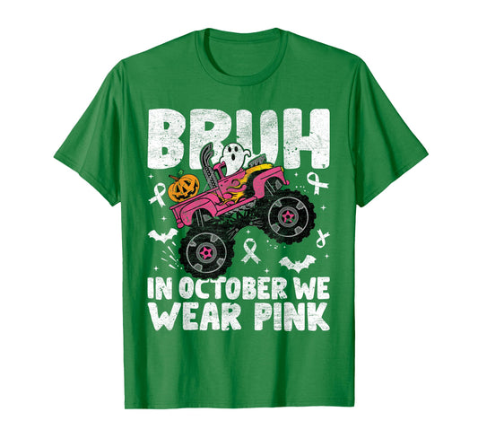 Bruh In October Wear Pink Breast Cancer Halloween Kids Boys T-Shirt