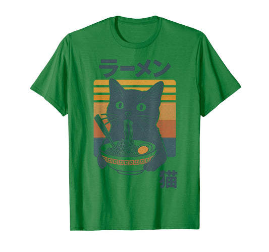 Retro Cat Eating Ramen Noodles Anime Girls Boys Men Women T-Shirt