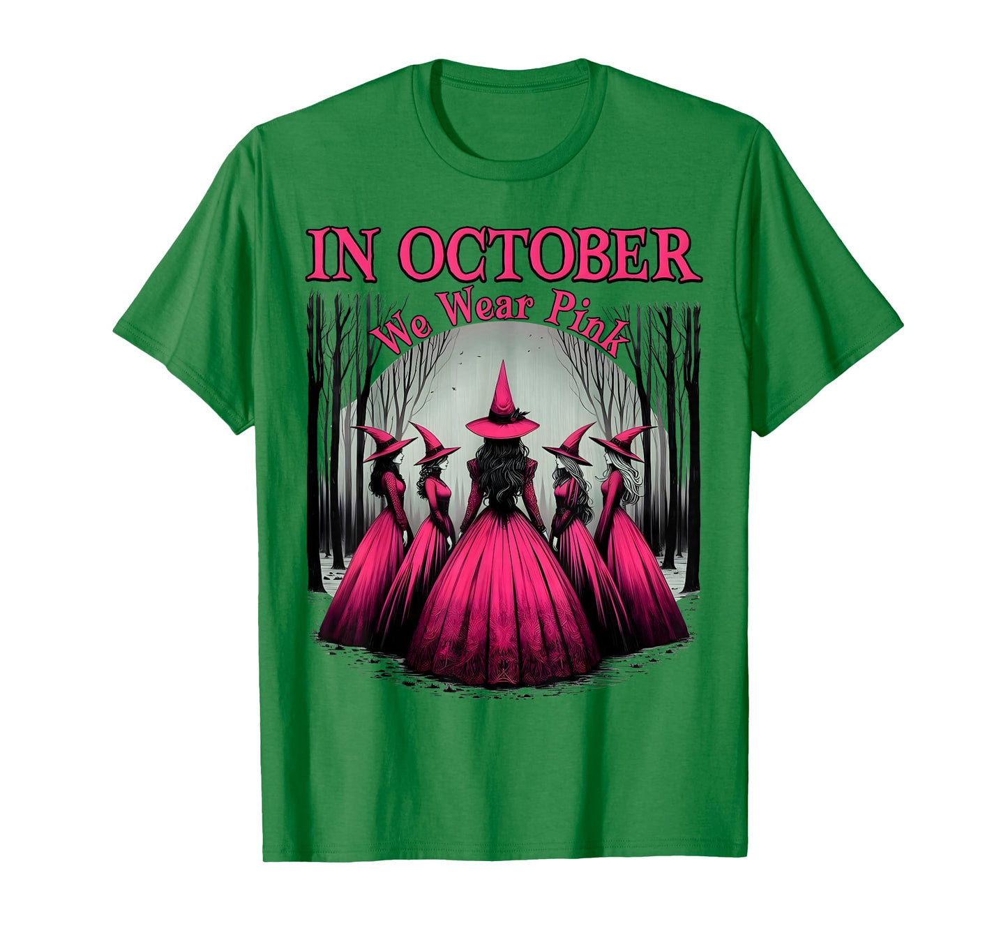 in October We Wear Pink Witch Halloween Breast Cancer Women T-Shirt