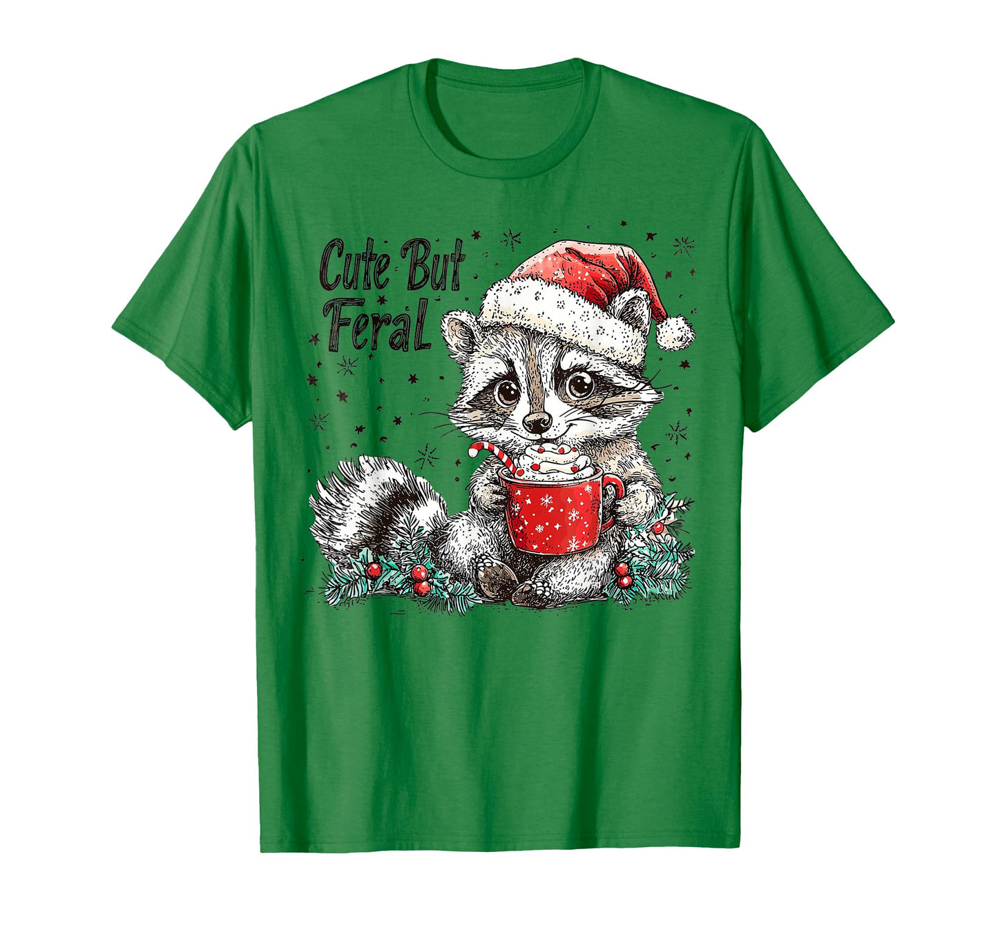 Cute But Feral Raccoon Christmas Hot Cocoa Animal Art T-Shirt