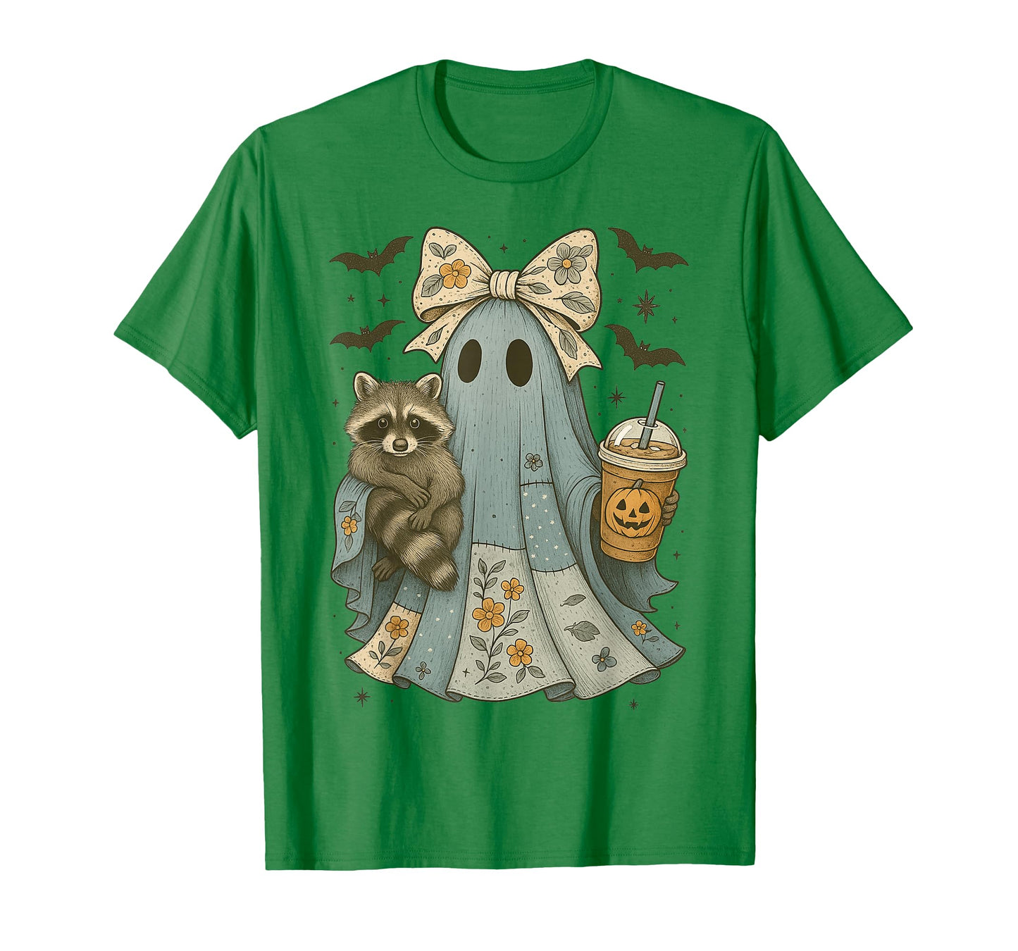 Cute Ghost Raccoon Iced Coffee Retro Funny Floral Halloween T-Shirt