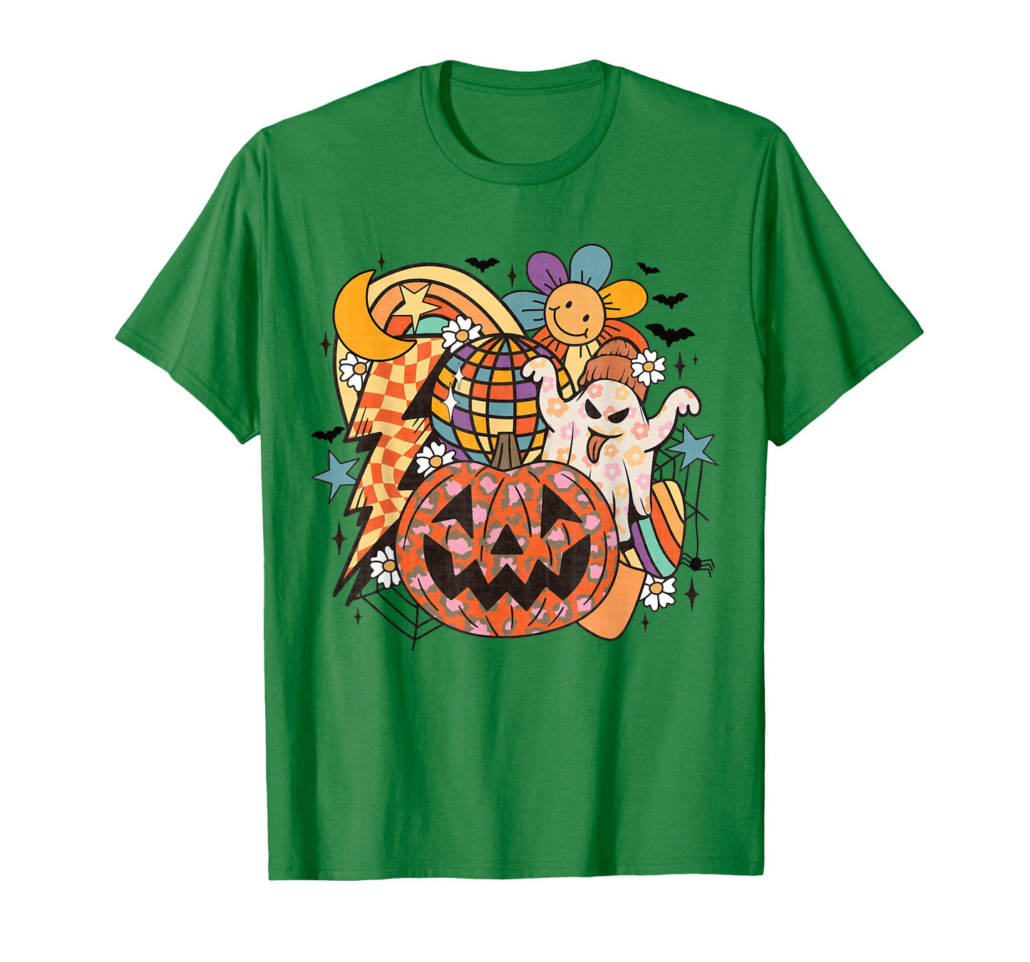 Retro Halloween Ghost Disco Pumpkin Daisy Rainbow Groovy Fun T-Shirt
