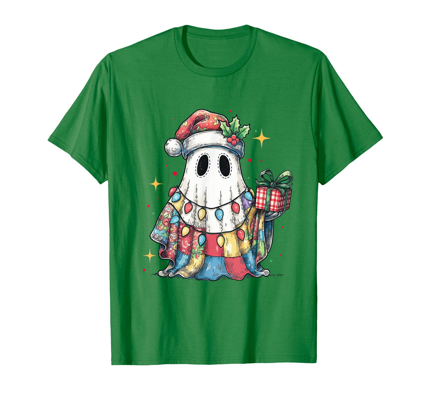 Santa Ghost Spooky Christmas Light Patchwork Matching Family T-Shirt