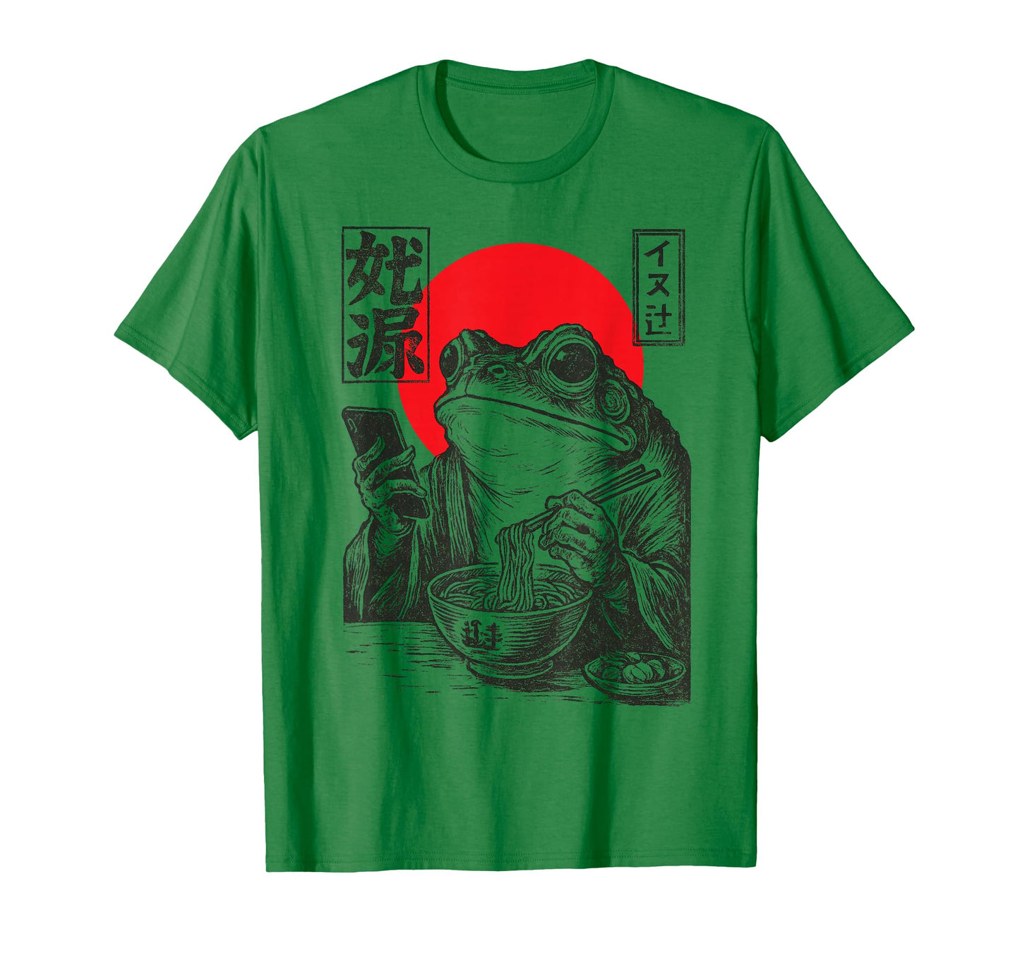 Funny Grumpy Frog Eat Ramen and Scroll Phone Japanese Art T-Shirt