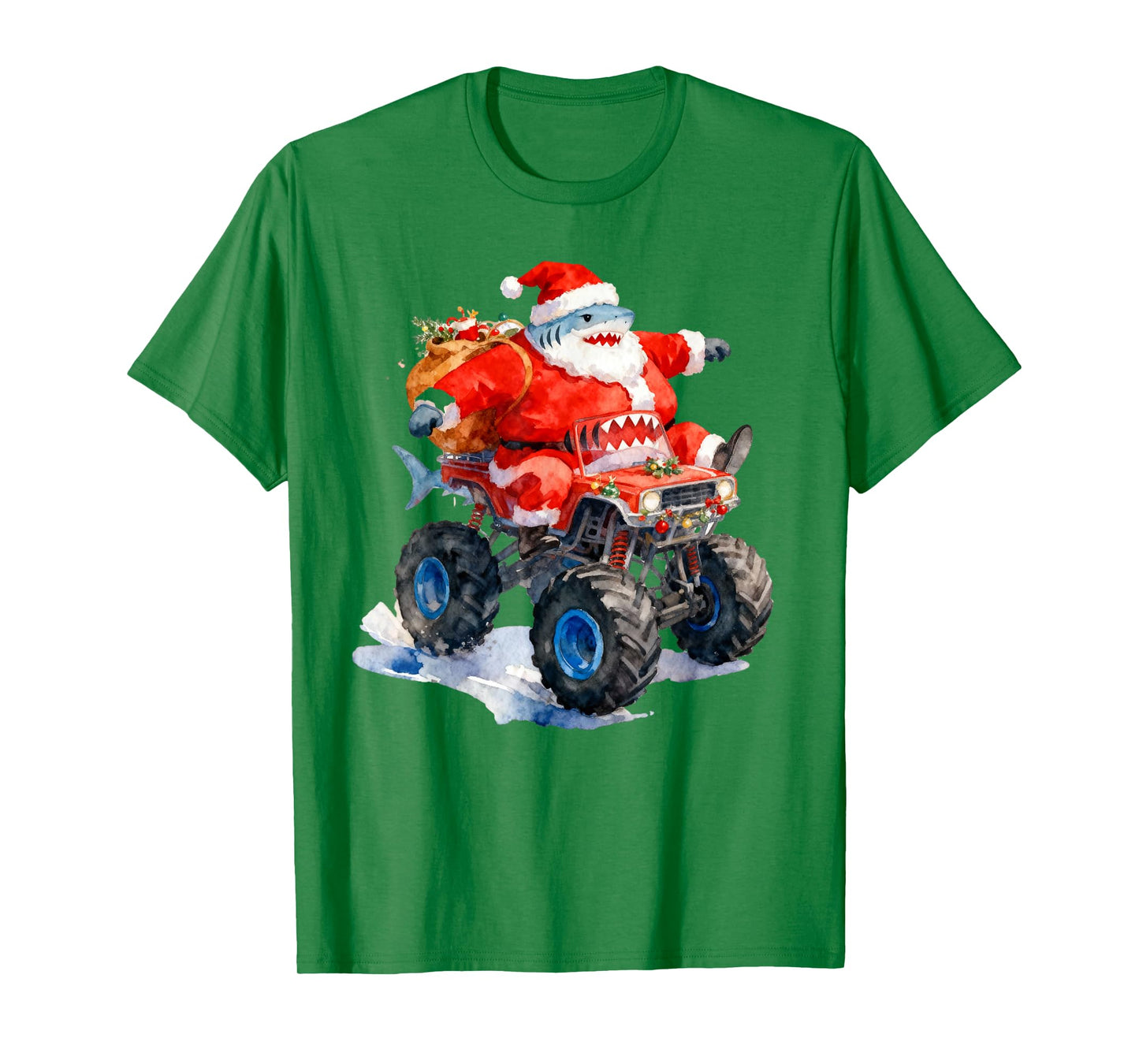 Funny Santa Shark Driving Monster Car Truck Christmas Day T-Shirt