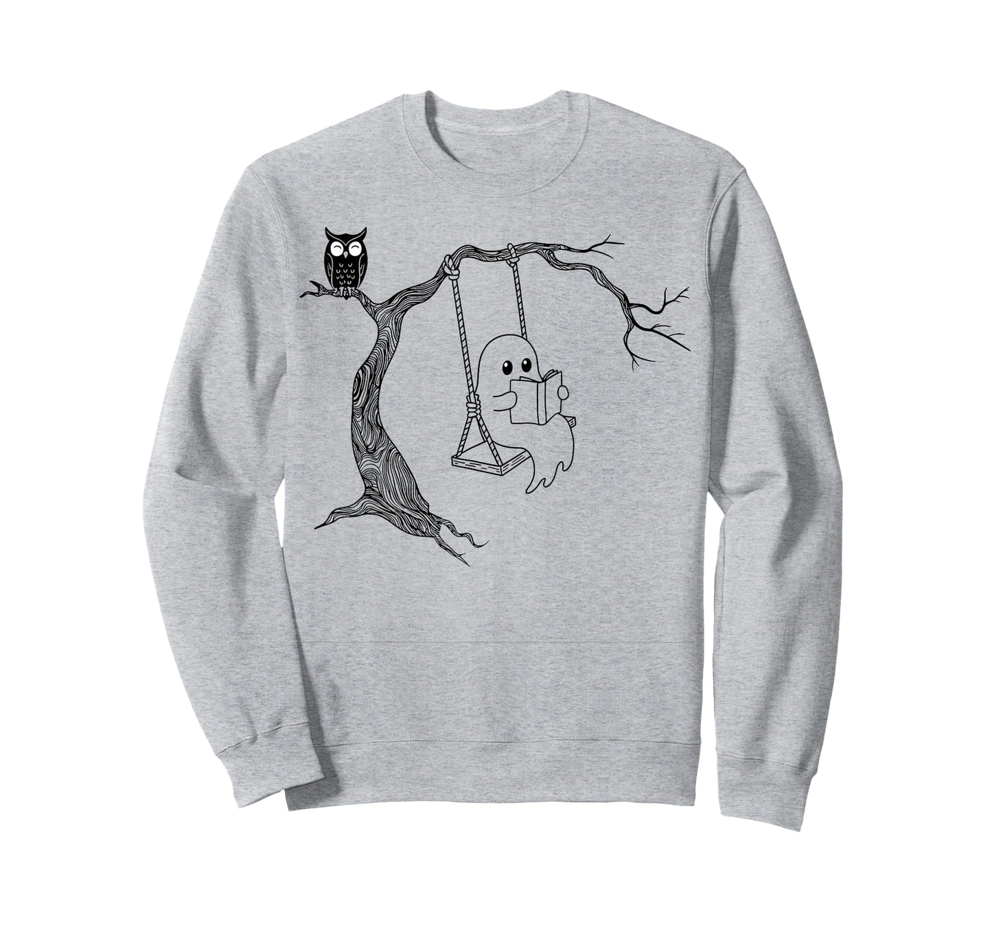 Cute Ghost Swinging Reading Book Halloween line Art T-Shirt
