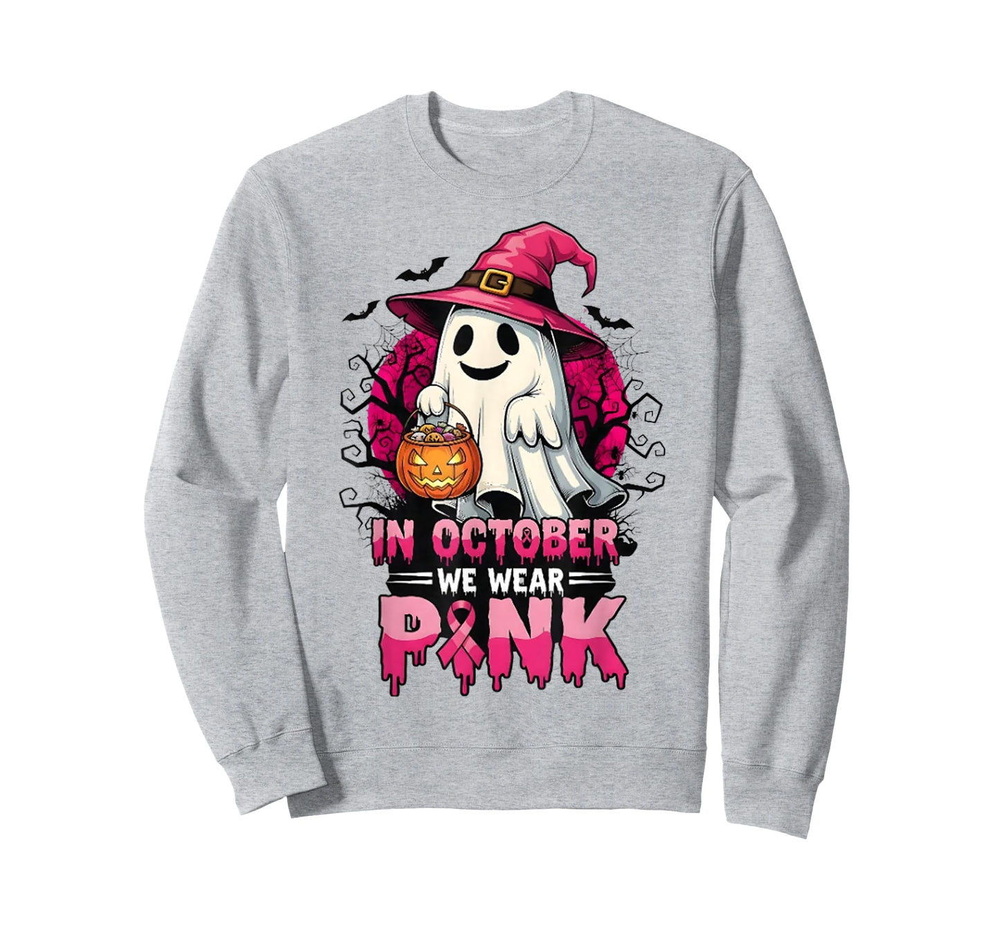 in October We Wear Pink Ghost Witch Breast Cancer Awareness T-Shirt